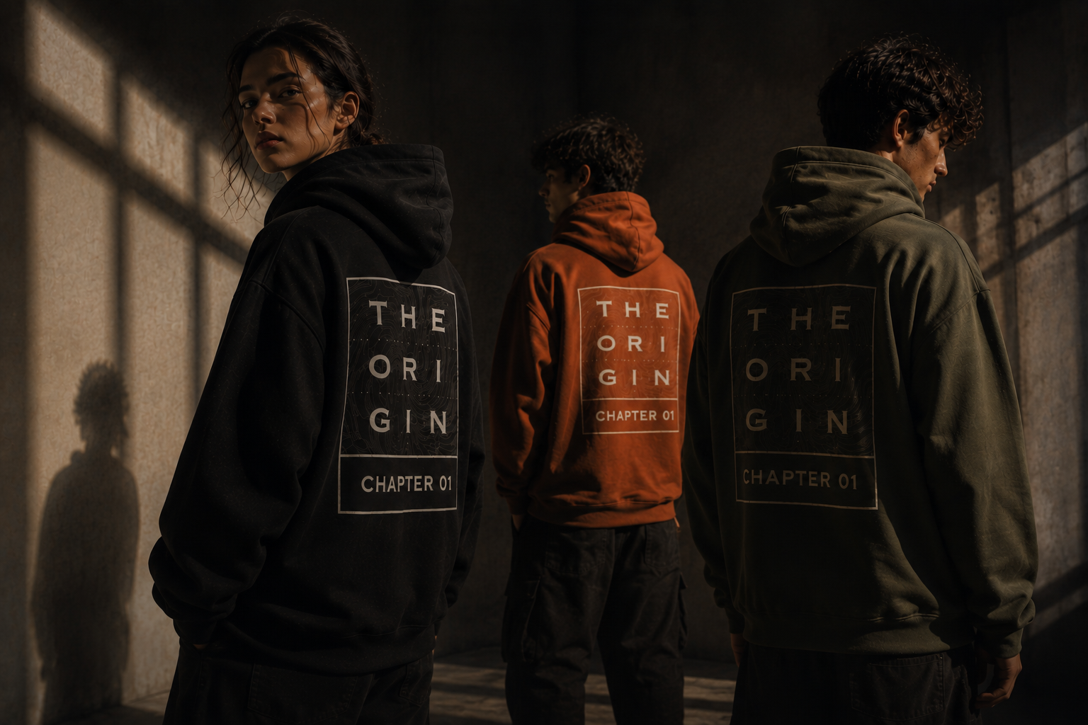 Trois mannequins en hoodies THE ORIGIN Chapter 01 dans une lumière rasante