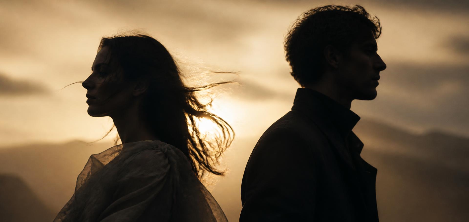 Deux silhouettes à contre-jour dans la lumière dorée de fin de journée
