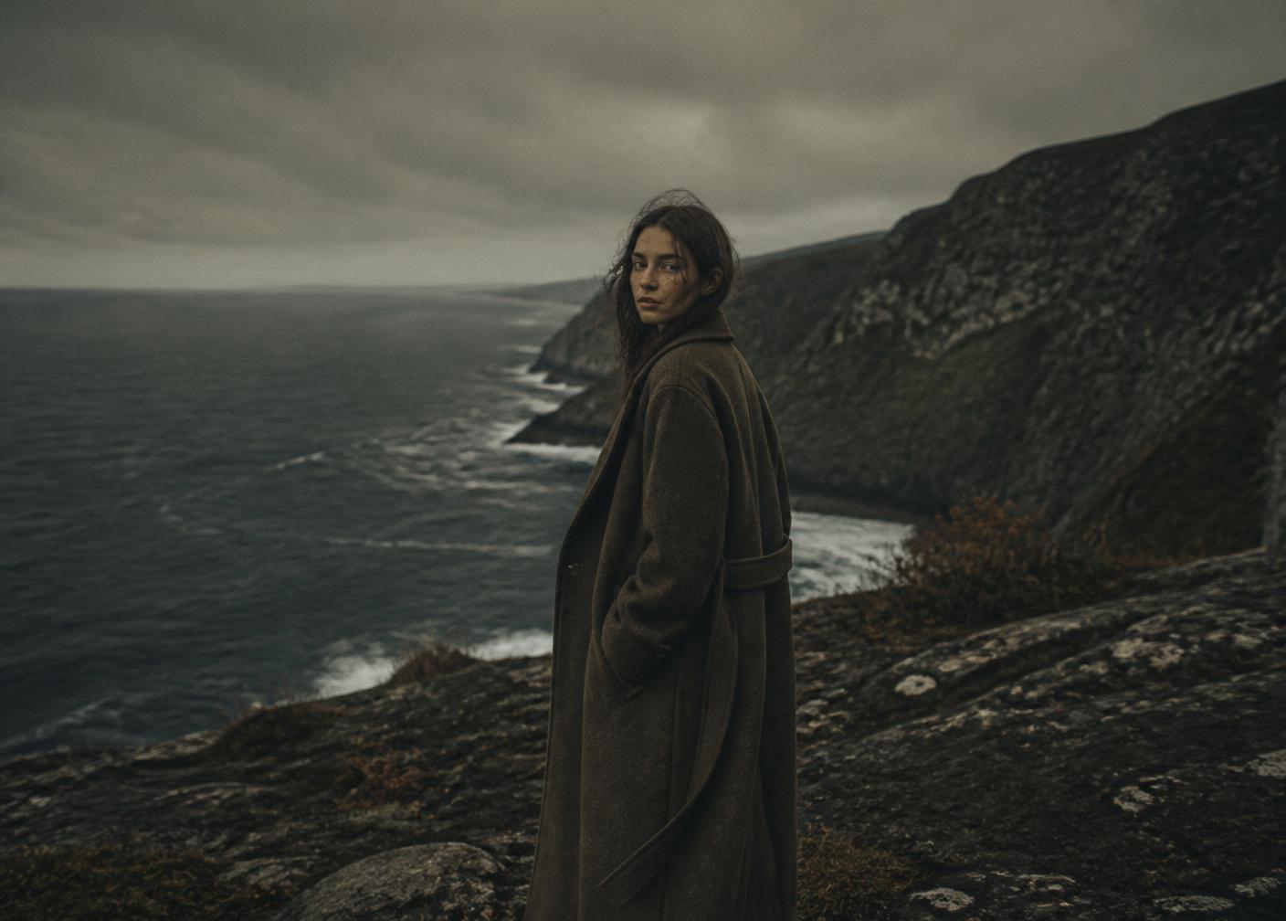 Manteau de laine olive photographié sur une falaise côtière